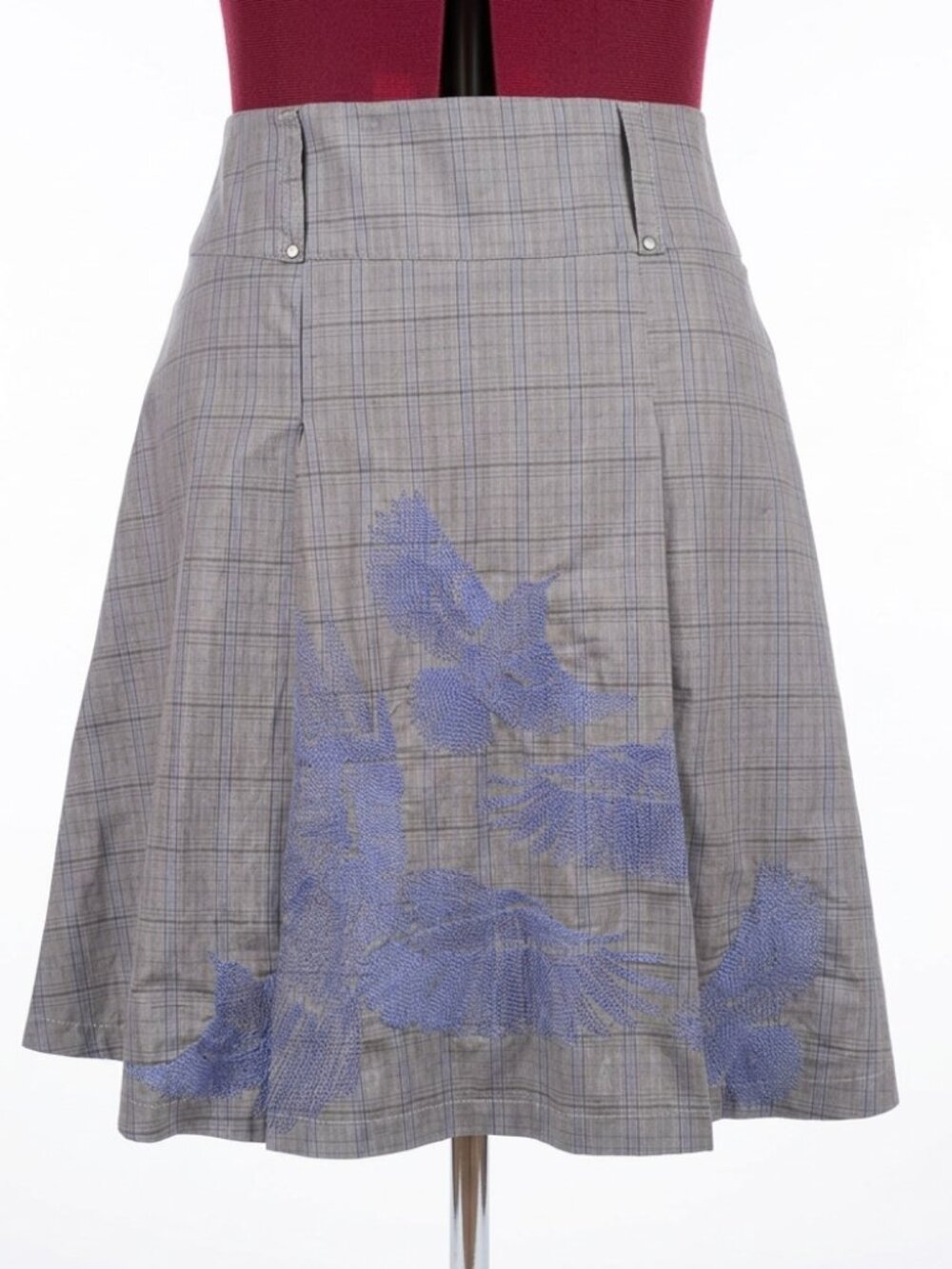 OXMO - Gray Plaid Skirt with Blue Bird Embroidery (Size 12)